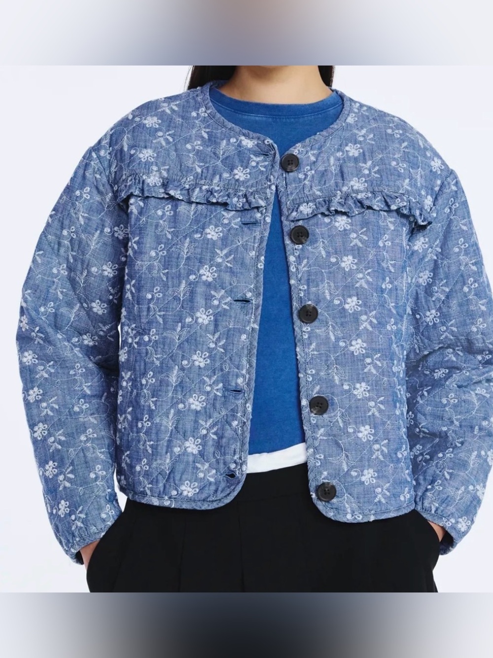 Embroidered Quilted Puff Jacket in Blue